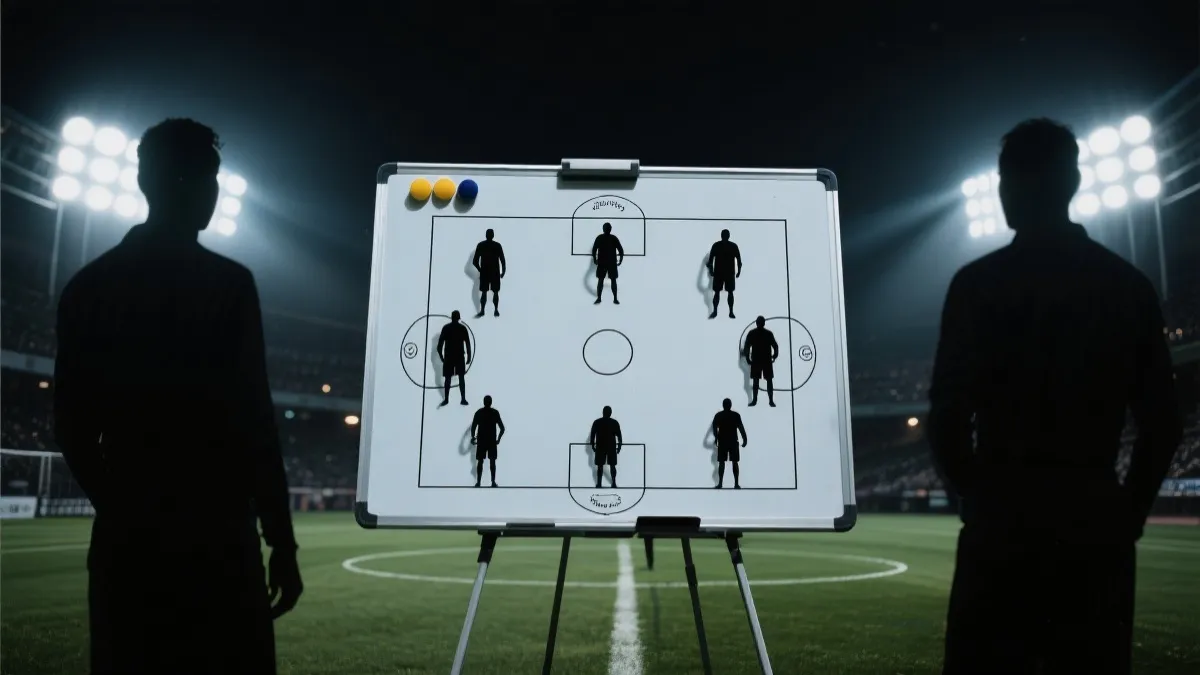 夜间球场上防守阵型紧凑的球队，战术板与灯光氛围